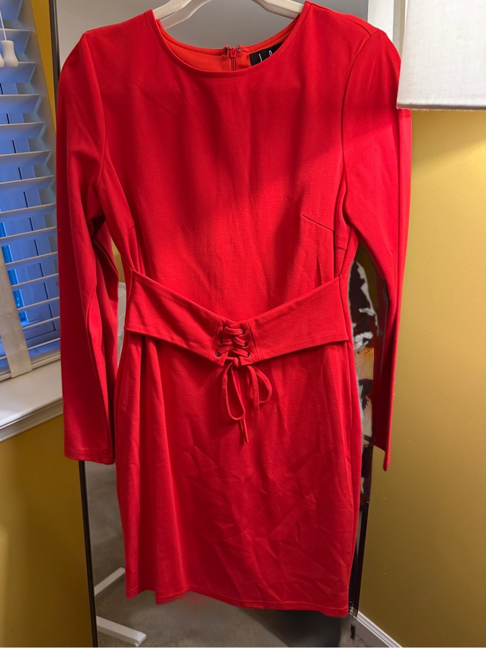 Lulu's Vibrant Red Lace-Up Waist Long Sleeve Dress